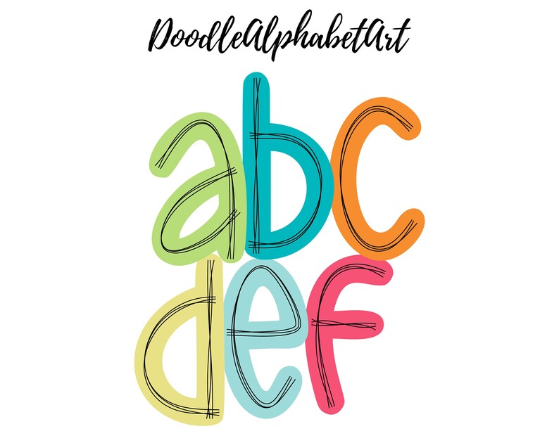 May include: Doodle alphabet art featuring the letters a, b, c, d, e, and f in a colorful, hand-drawn style. The letters are outlined in black and filled with various colors, including green, blue, orange, yellow, and pink.