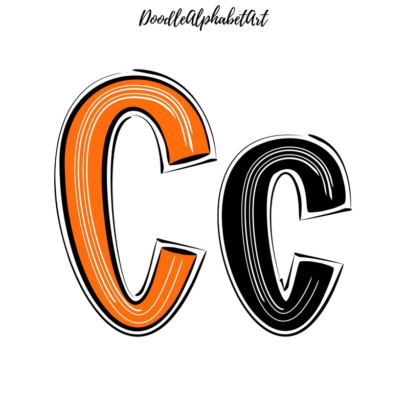 May include: Orange and black doodle style letter C. The letter C is drawn with thick lines and a rounded shape.
