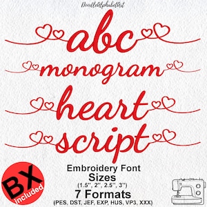 Può includere: Disegni di caratteri ricamati rossi con le parole "abc", "monogram", "heart" e "script". Ogni parola è collegata con un disegno a cuore. L'immagine include il testo "Dimensioni dei caratteri ricamati (3,8 cm, 5,1 cm, 6,4 cm, 7,6 cm) 7 formati".