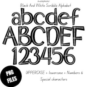 Black and White Scribble Alphabet PNG, Doodle Letters PNG, Hand-Drawn Letters, Uppercase Lowercase Numbers, DIY Crafts & Sublimation