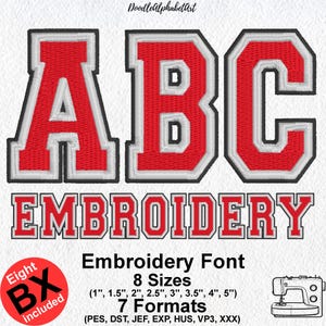 Three-color fill stitch Varsity Sport  Machine Embroidery Font Alphabet, 8 Sizes 7 Formats + 8 Native BX Files, Machine Embroidery Design BX