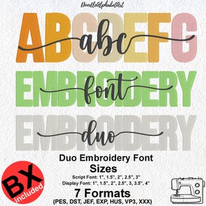 Puede incluir: Imagen que muestra un conjunto de fuentes de bordado con el texto "ABcEFG" en varios colores. Debajo, se muestran las palabras "EMBROIDERY font" y "EMBROIDERY duo". La imagen incluye detalles sobre tamaños y formatos, con un icono de máquina de coser.