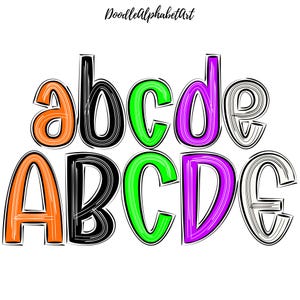 Halloween Scribble Doodle Letters PNG Bundle, Halloween Color, 5 Scribbled Alpha Sets, Handwritten Alphabets, Digital Download for Crafters