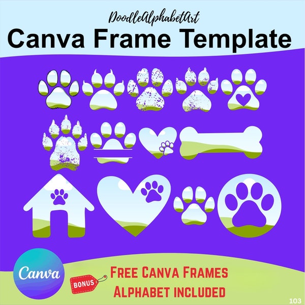 PAW PRINT Canva Frames Bundle, All Parts Editable Canva Paw Print Frame, Easy Drag and Drop Photo, Patterns or Fill your own colors