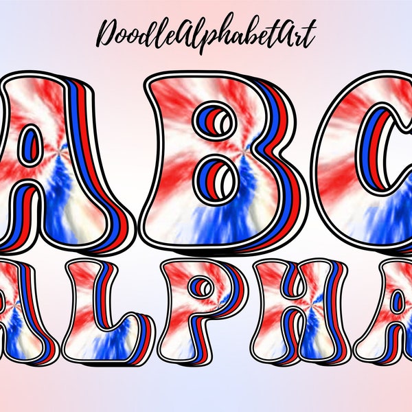 Tie Dye Doodle Groovy Retro Alphabet, Patriotic USA Flag Colors Clipart PNG Letter, Hand Drawn 4th of July Letters for Sublimation Designs