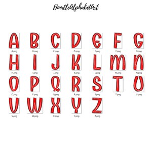 May include: Red outlined alphabet letters A through Z in a cartoon style. Each letter is on a white background with a black outline and the letter's name and file extension below it.
