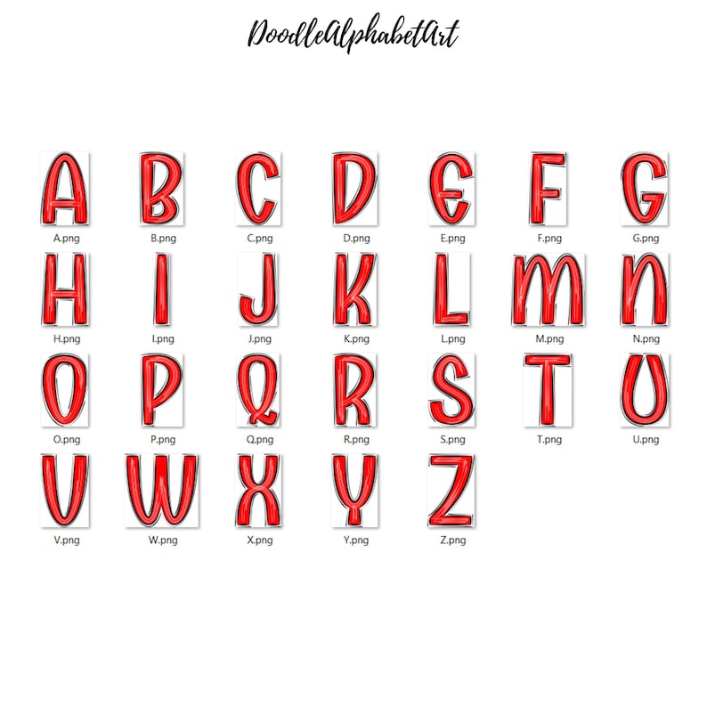 May include: Red outlined alphabet letters A through Z in a cartoon style. Each letter is on a white background with a black outline and the letter's name and file extension below it.