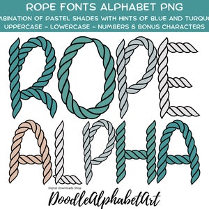 Rope fonts Alphabet PNG, Combination of pastel shades with hints of blue - turquoise, Doodle Alphabet PNG Bundle, Hand Drawn Sublimation PNG