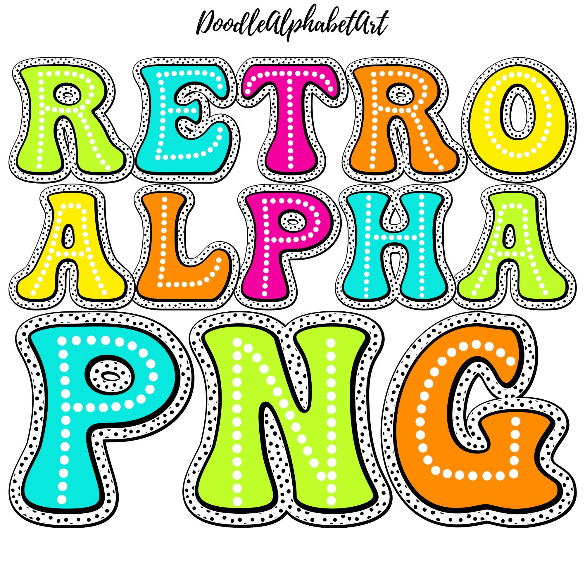 Dalmatian Groovy Retro Dots Letters PNG, Doodle Polka Dot Alphabet PNG Bundle, Bright Color, 5 Alpha Sets, Digital Download for tee crafting