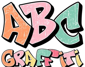 May include: A colorful illustration of the letters "ABC" in a graffiti style with a distressed texture. Below the letters is the word "GRAFFITI" in a similar style.