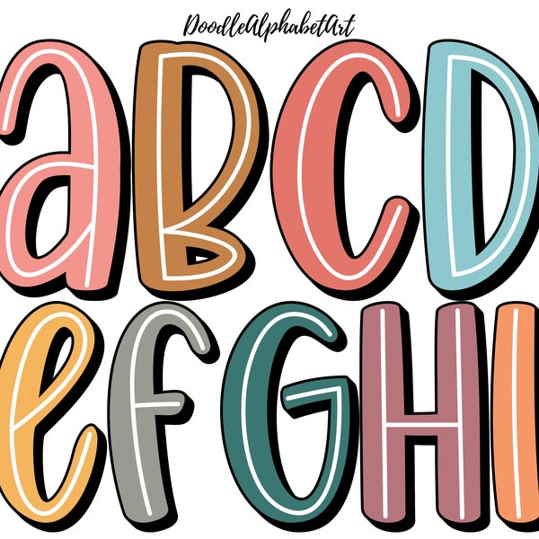 Retro Doodle Scribble Letters PNG in 9 Colors, White Center Line, Boho Doodle Alphabet PNG Bundle, Digital Hand Drawn Sublimation Designs