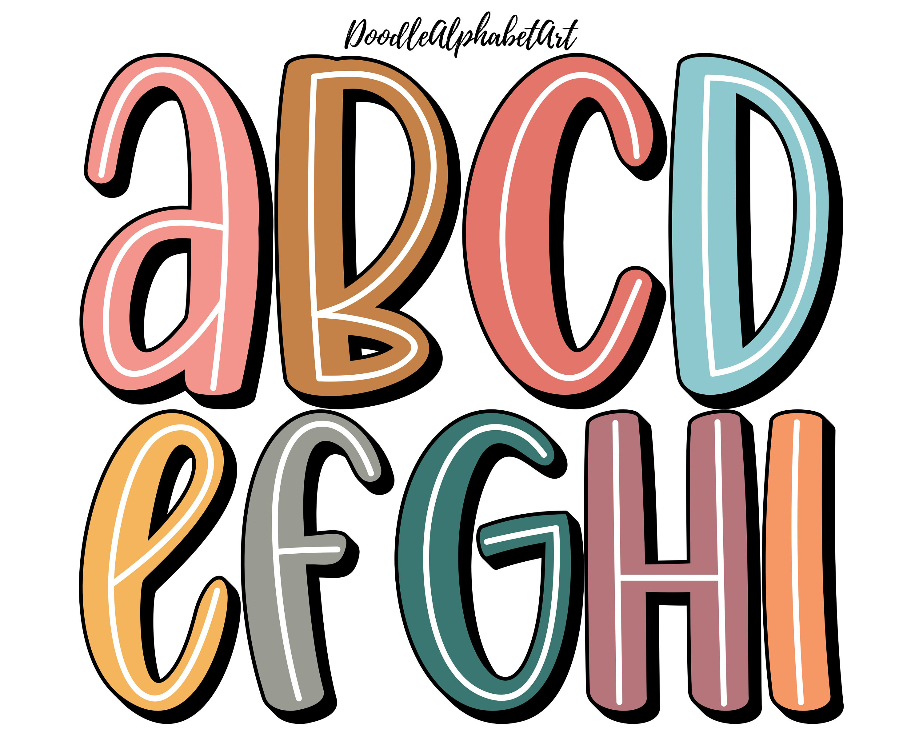 Retro Doodle Scribble Letters PNG in 9 Colors, White Center Line, Boho Doodle Alphabet PNG Bundle, Digital Hand Drawn Sublimation Designs