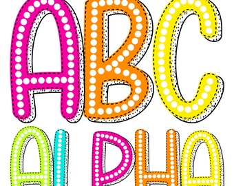 Dalmatian Dots Doodle Alphabet PNG Bundle: Bright Color Alpha Sets (Digital Download)