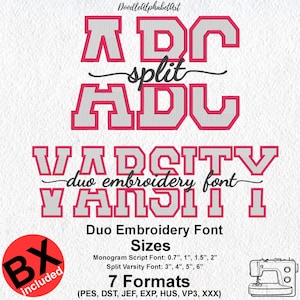 May include: A digital design for embroidery featuring the words "ADC split ADC" and "VARSITY duo embroidery font VARSITY I" in a varsity style. The design includes sizes and formats, with a sewing machine icon. The text "BX included" is also present.