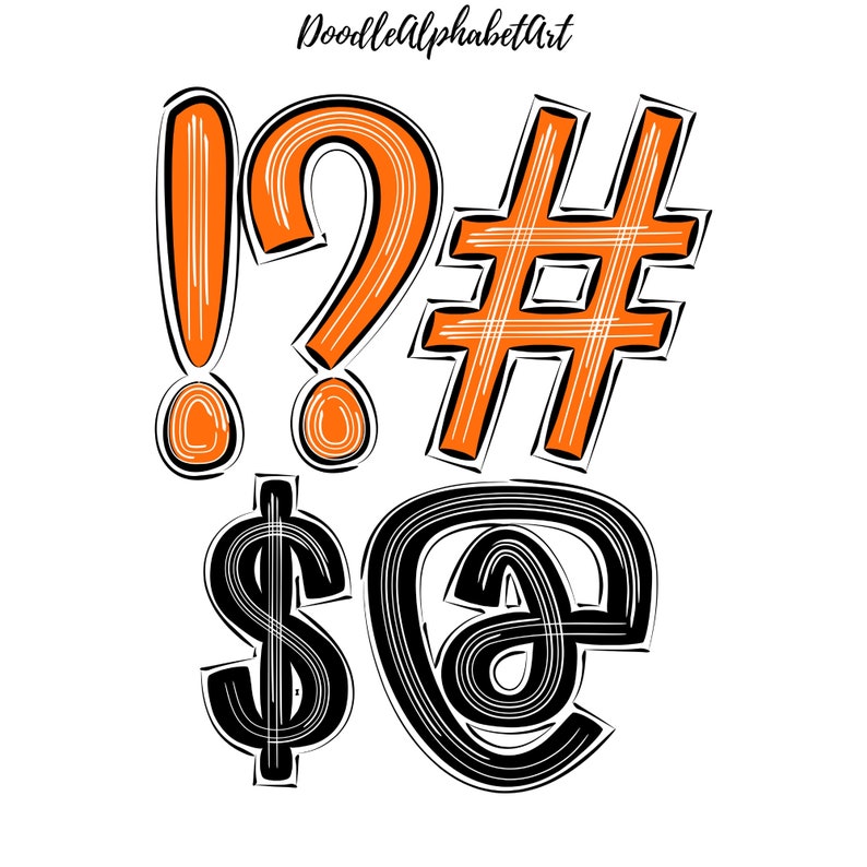 May include: Orange and black doodle style exclamation point, question mark, number sign, dollar sign, and at symbol.  DoodleAlphabetArt.