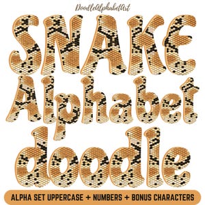 Snake Skin Cascading Doodle Alphabet PNG, Digital Hand-Drawn Snake Doodle Letters Uppercase lowercase and numbers for Sublimation Crafts