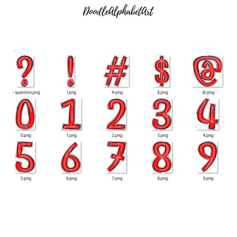 May include: Red outlined, 3D-style, cartoon-like letters and numbers, including question mark, exclamation point, number sign, dollar sign, and at symbol. The letters and numbers are on a white background.