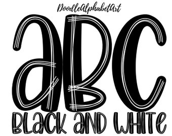 White Scribble Lines on Black Background Alphabet PNG, Hand Drawn Doodle Scribble Letters for Sublimation printings or DIY projects