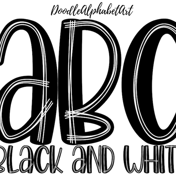 White Scribble Lines on Black Background Alphabet PNG, Hand Drawn Doodle Scribble Letters for Sublimation printings or DIY projects