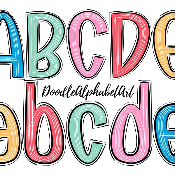 Scribble Letters PNG, Black And White Splash Lines Doodle Alphabet PNG Bundle with Bright Colors, Digital Hand Drawn Sublimation Designs