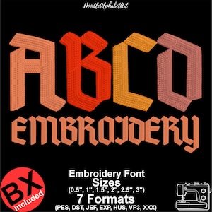 May include: An embroidery design featuring the letters ABCO in a bold, textured font, with the word EMBROIDERY below. The design includes various sizes from 0.5" to 3" and 7 formats, with a sewing machine icon in the corner.