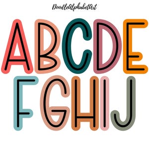 Boho Black Center Line Doodle Alphabet Letters PNG Bundle, 10 Alpha Sets, Earthy Boho Color Palette, Handwritten PNG, Digital Download