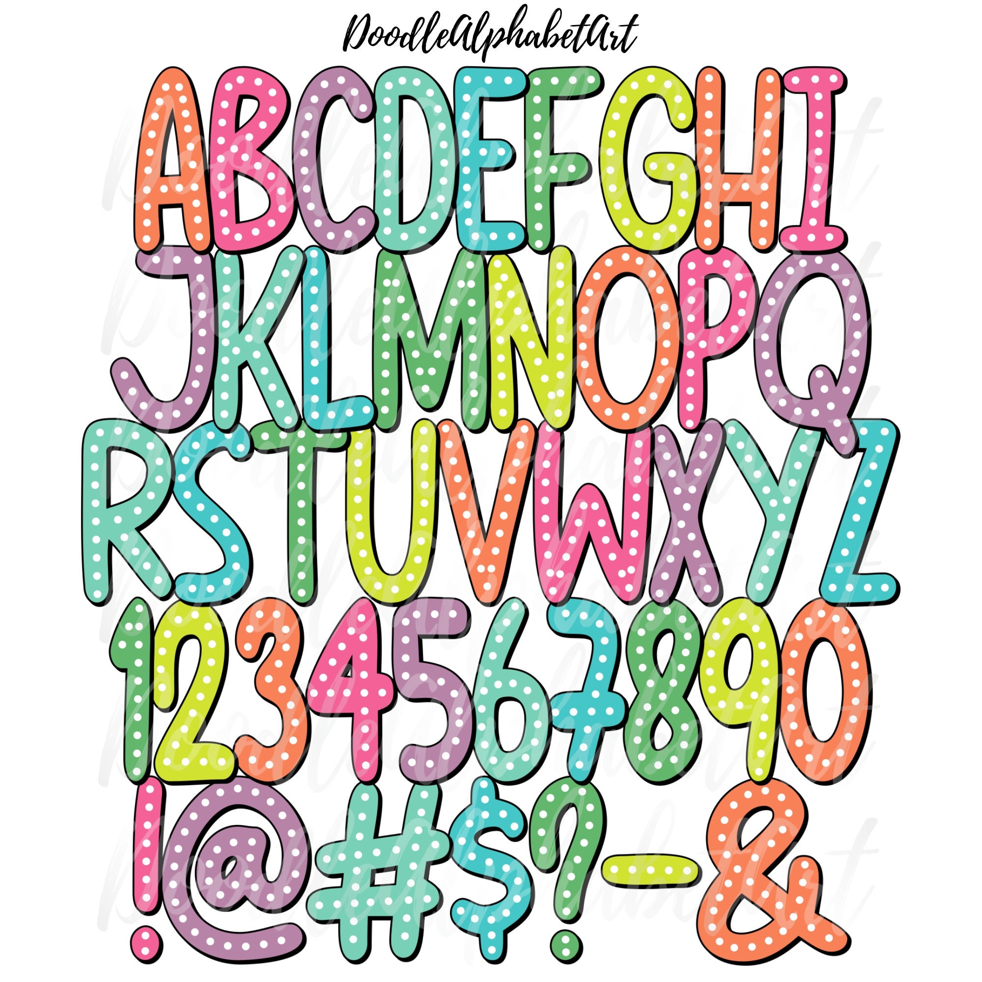 Polka Dot Doodle Alphabet PNG Bundle: 7 Pastel Alpha Sets (digital