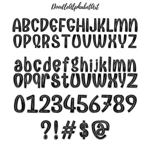 May include: Black and white doodle font alphabet with uppercase letters, lowercase letters, numbers 0-9, and punctuation marks including question mark, exclamation point, number sign, dollar sign, and at symbol.
