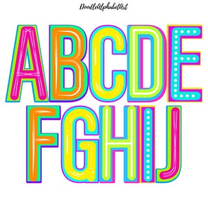 Scribble & Marquee Funky Colorful Alphabet PNG bundle, Bright Color palette, 5 Alpha Sets, Marquee Polka dot Letters, Download Digital