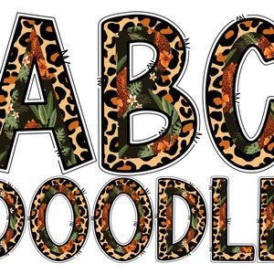 Leopard Palm Tree Alphabet PNG: Doodle Letters, Numbers (Digital Download)