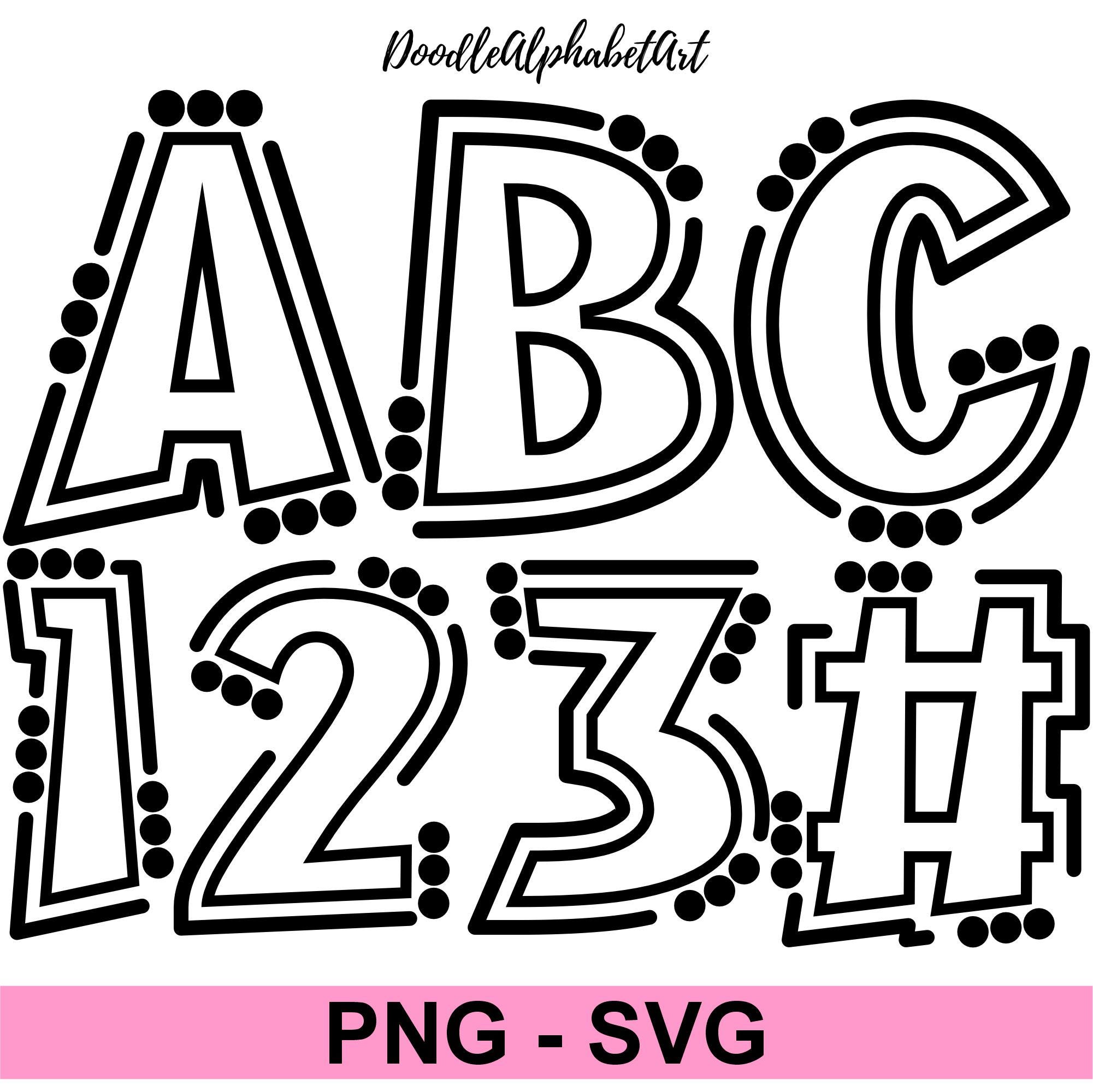 Fill Your Own colors with Lines & Dots Doodle Alphabet PNG SVG Bundle, Blank font, Transparent Background Outline Letters, Digital Downloads
