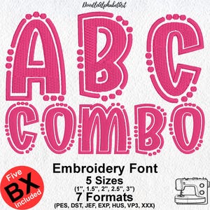 May include: Pink embroidery font design for the letters ABC and COMBO. The font is available in five sizes: 1 inch, 1.5 inches, 2 inches, 2.5 inches, and 3 inches. The font is available in seven formats: PES, DST, JEF, EXP, HUS, VP3, and XXX.