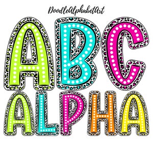 Bright Leopard Spots Letters, Polka Dots Alphabets PNG Bundle, 5 Digital Handwritten Alpha Sets for crafting, Uppercase Lowercase & Numbers