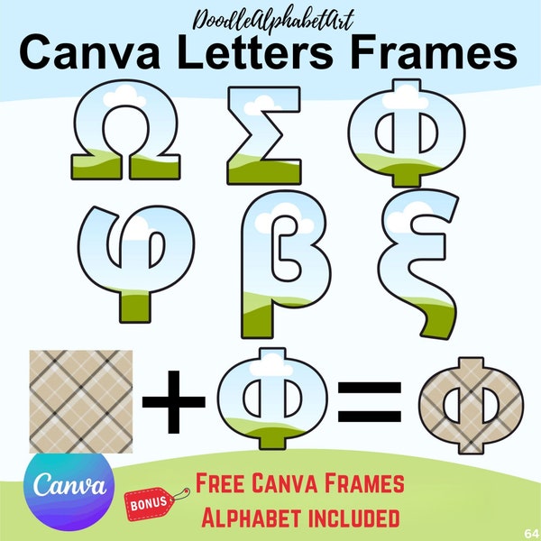 Canva Frames Greek Letters Bundle, Geometric Font, Hand Drawn Editable Frame Alphabet Sublimation, Easy Drag &Drop Photo, Patterns or colors