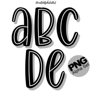 May include: Black and white alphabet letters A, B, C, D, and E with a white outline and a shadow effect. The letters are in a bold, rounded font. A gray circle with the text "PNG Alpha Set" is in the lower right corner.