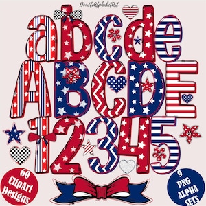 Patriotic Alphabet PNG, Doodle Patriotic 4th of July Letters, 9 PNG Alphabet Sets, 60 Red White and Blue ClipArt, Sketched Scribble Letters