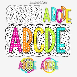 Retro Bright Polka Dot Alphabet PNG & Dalmatian backgrounds, 5 AlphaPacks, 18 Dalmatian Backgrounds PNG, Digital Download