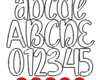 May include: Black and white digital alphabet and number set. The image includes lowercase and uppercase letters, and numbers 0-5. The text "Doodlealphabetart" is at the top. Red circles at the bottom say "SVG", "PNG", "PDF", "EPS", and "DXF".