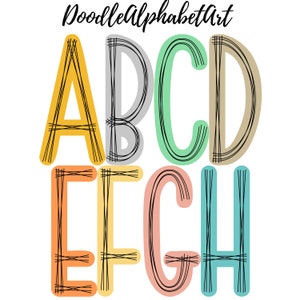 Scribble letters PNG in 8 Colors, Orangey Yellow, Silver, Vista Blue.., Boho Doodle Alphabet , Digital Hand Drawn Sublimation Designs