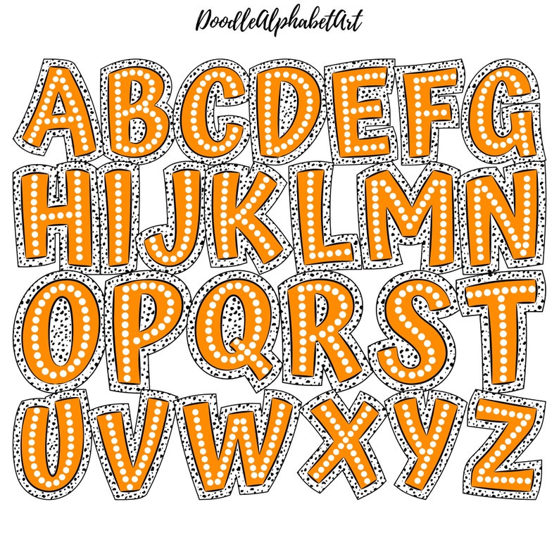 May include: Orange alphabet letters with white polka dots on a white background. Each letter has a thick black outline.