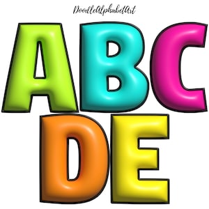 Colorful 3D Inflated Alphabet Doodle Art, Fun Balloon Letters PNG Bundle, Bright Color Printable PNG, 5 Alpha Sets, Digital Downloads