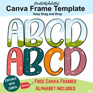 White Curve Water Splash Canva frames, Doodle Alphabet Frames, Editable Canva Template, Easy Drag and Drop Photo, Patterns or Fill colors