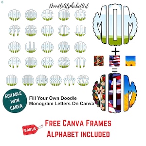 Fill your own DOODLE Monogram Letters on CANVA, Editable Canva Frame Template, Easy Drag and Drop Colors, Photos or Pattern onto Canva Frame