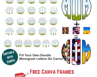 Fill your own DOODLE Monogram Letters on CANVA, Editable Canva Frame Template, Easy Drag and Drop Colors, Photos or Pattern onto Canva Frame