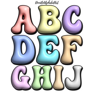 3D Inflated Alphabet Set, 10 Alpha Sets, Pastel Color Palette, 3D Bubble Puff Doodle letters for Digital Crafts & DIY Projects