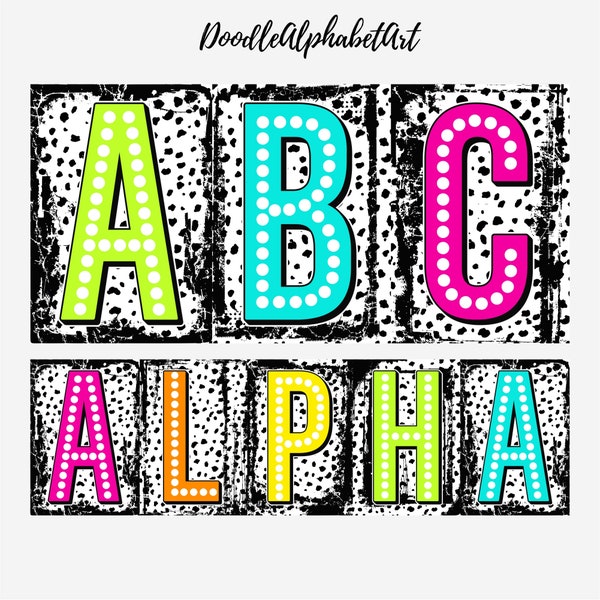 Dalmatian Distressed Black Grunge Blocks Letters PNG, Dots Alphabet PNG Bundle, Bright Color, 5 AlphaPacks Polka Dot, Digital Sublimation