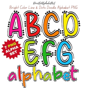 Bright Lines and Dots Alphabet Doodle PNG Bundle, Bright Color palette, Uppercase, lowercase and Numbers, Hand-Drawn Dot Letters crafts