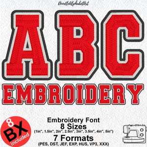 May include: Red embroidered letters 'ABC' and the word 'EMBROIDERY' on a white background. The image includes text indicating 8 sizes from 1 inch to 5 inches, 7 formats, and a sewing machine illustration. A red circle with '8 BX included' is in the lower left.
