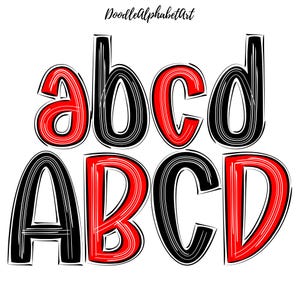 Black & red Scribble Letters PNG Bundle, White Splash Lines Doodle Alphabet, Digital Hand-Drawn Uppercase lowercase Letters PNG and numbers