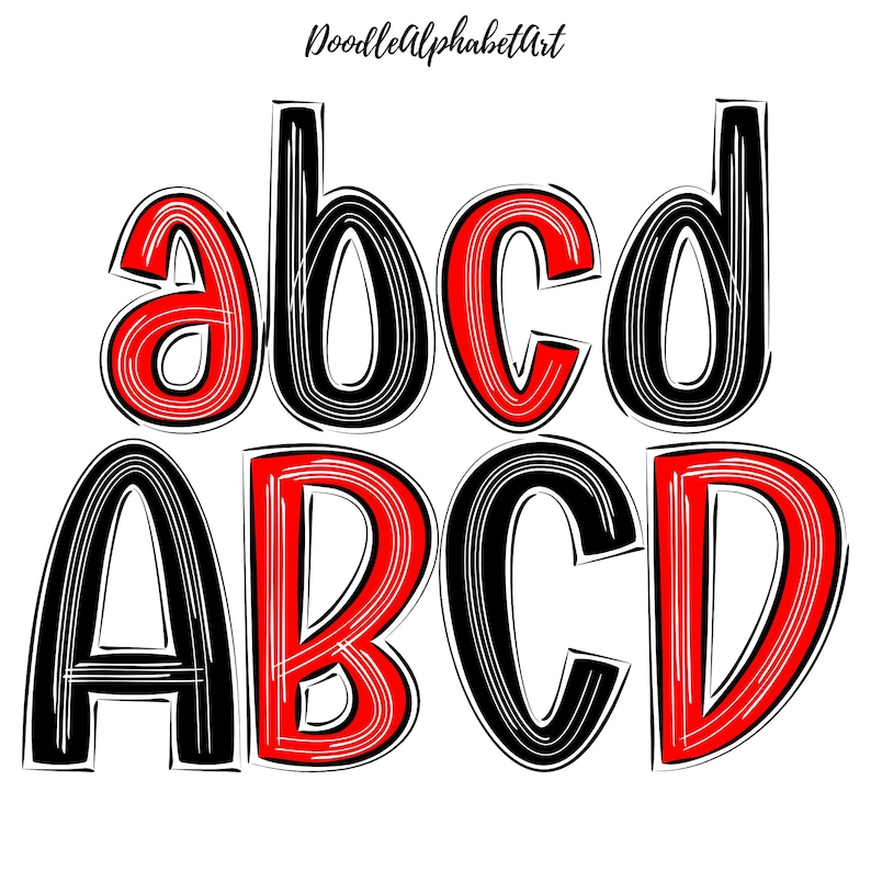 May include: Black and red doodle style letters spelling out "abcd" and "ABCD".